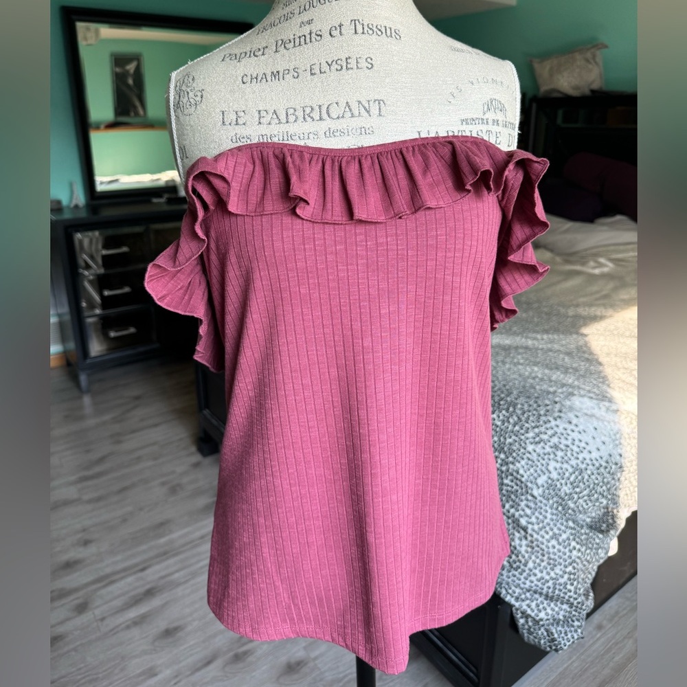 LOFT Brick Red Ribbed Ruffle Tank - Picture 3 of 10